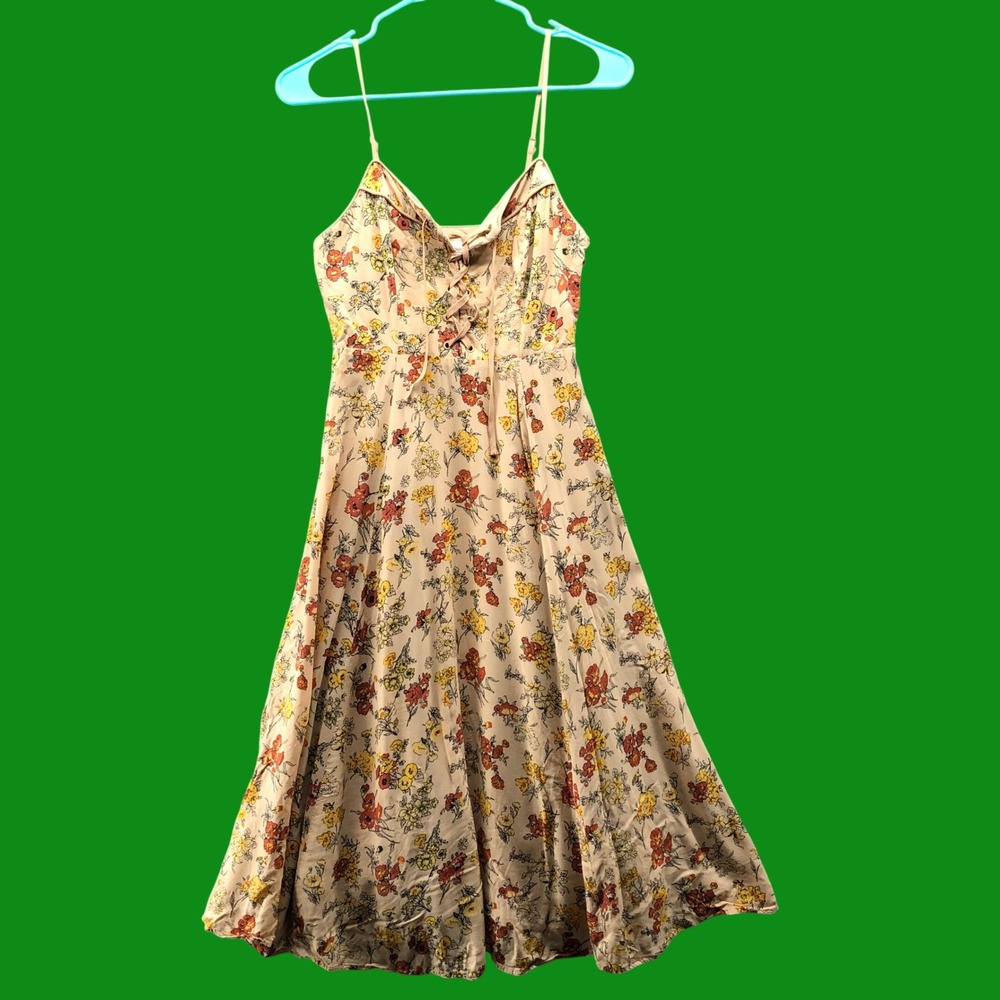 Urban Outfitters Cooperative Lace Up Corset Floral Midi Dress Tan Rust 0 Earthy